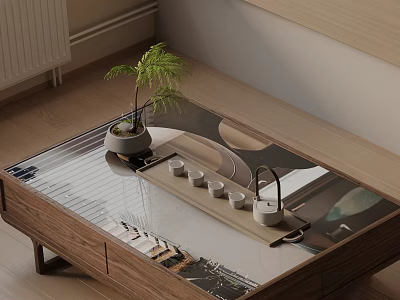 Modern Minimalist Sofa Coffee Table Set With Wooden Frame Tea Cups Teapot And Potted Plant 3d model