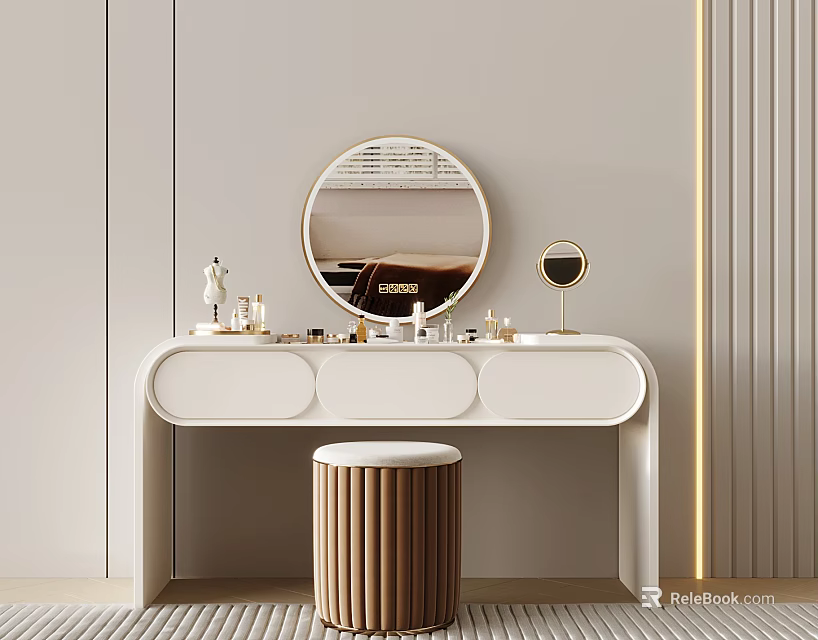 Modern White Dressing Table with Round Mirror Small Makeup Mirror Cosmetics and Wooden Striped Stool 3d model 
