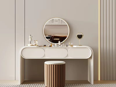 Modern White Dressing Table with Round Mirror Small Makeup Mirror Cosmetics and Wooden Striped Stool 3d model