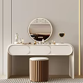 Modern White Dressing Table with Round Mirror Small Makeup Mirror Cosmetics and Wooden Striped Stool