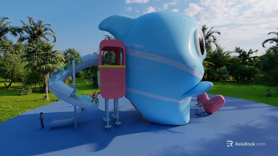 Colorful Whale Shaped Playground Equipment With Pink Slide Green Lawn And Palm Trees 3d model 