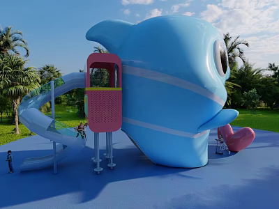 Colorful Whale Shaped Playground Equipment With Pink Slide Green Lawn And Palm Trees 3d model
