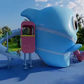 Colorful Whale Shaped Playground Equipment With Pink Slide Green Lawn And Palm Trees