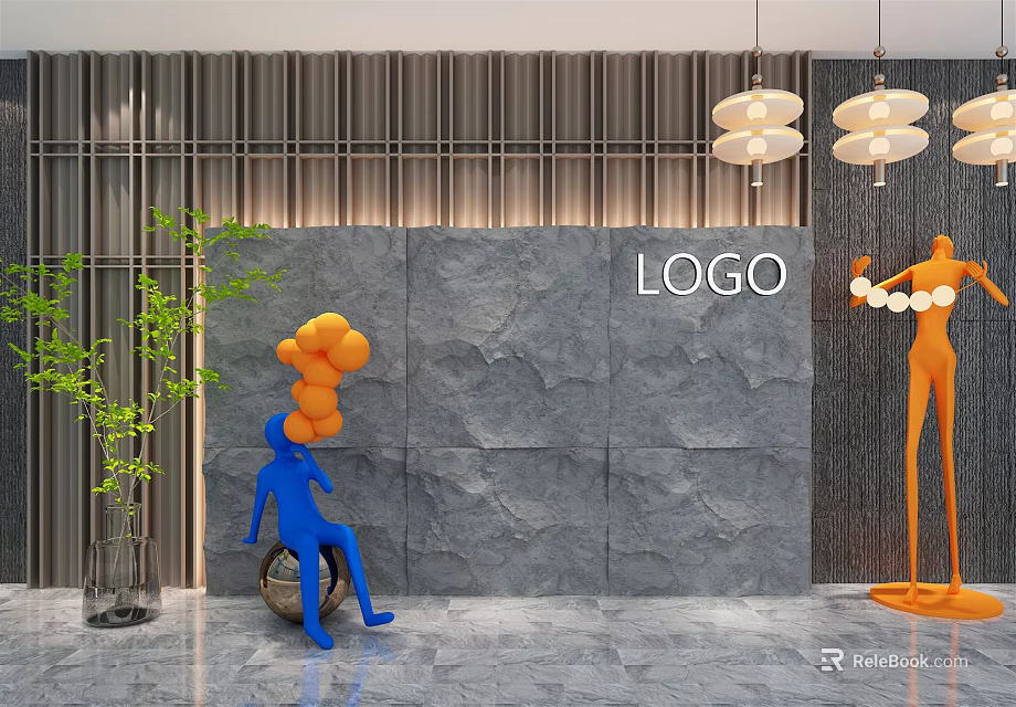 Modern Gray Stone Background Wall Featuring LOGO Green Plant Pendant Lights And Colorful Sculptures 3d model 