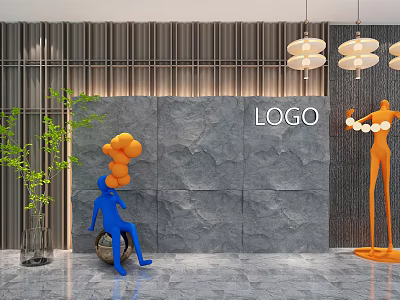 Modern Gray Stone Background Wall Featuring LOGO Green Plant Pendant Lights And Colorful Sculptures 3d model