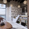 Modern Milk Tea Shop Interior With Hanging Lights Wooden Tables And Decorative Shelves