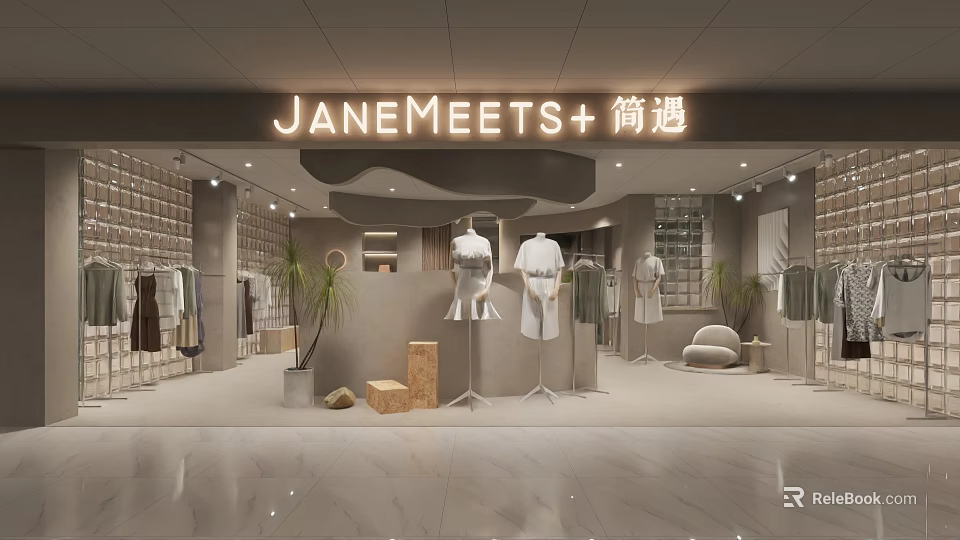 Modern Clothing Store Interior With Mannequins Clothes Racks And Green Plants 3d model 
