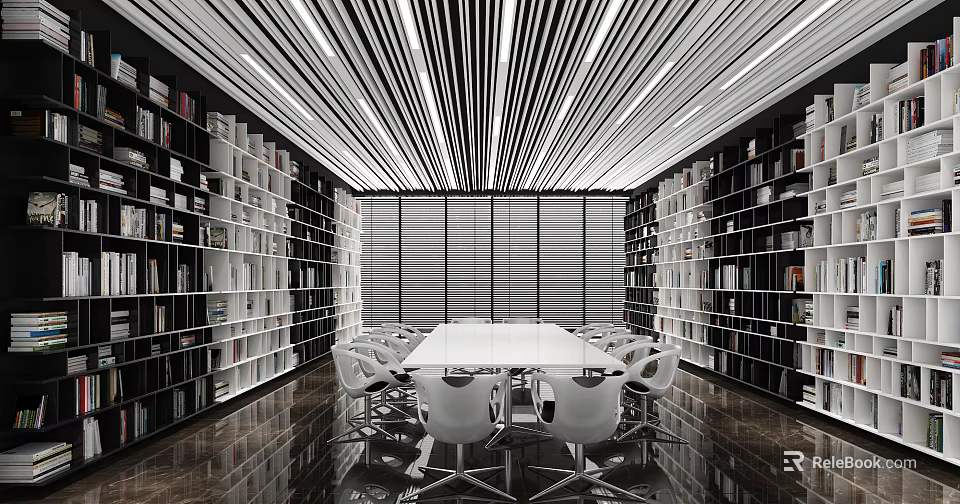 Modern Book Art Design With Tall Bookshelves Long Table White Chairs And Striped Lights 3d model 