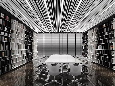 Modern Book Art Design With Tall Bookshelves Long Table White Chairs And Striped Lights 3d model