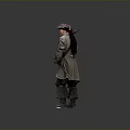 Man in long historical coat with tricorn hat holding musket and sword