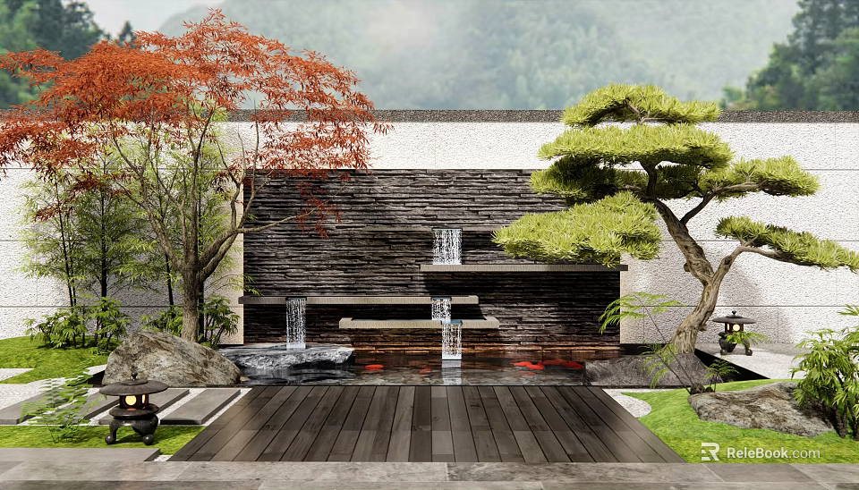 Garden Feature Wall With Waterfalls Red Maple And Pine Tree Stone Floor 3d model