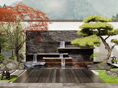 Garden Feature Wall With Waterfalls Red Maple And Pine Tree Stone Floor 3d model