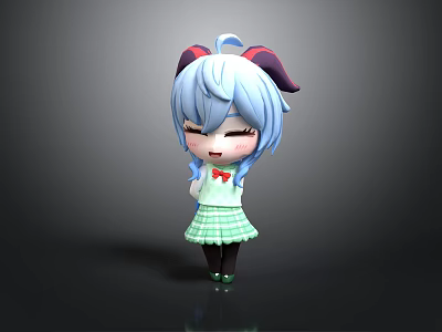 Cute Chibi Cartoon Character With Blue Hair Pigtails Red Bow White Top Green Plaid Skirt 3d model