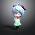 Cute Chibi Cartoon Character With Blue Hair Pigtails Red Bow White Top Green Plaid Skirt