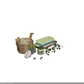 Essential Bathroom Accessories with Wooden Bucket Bath Sponge Lotion Jar And Green Leaves