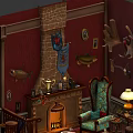 Colorful Cartoon Vintage Room Scene With Red Walls Wooden Floor Fireplace And Blue Armchair
