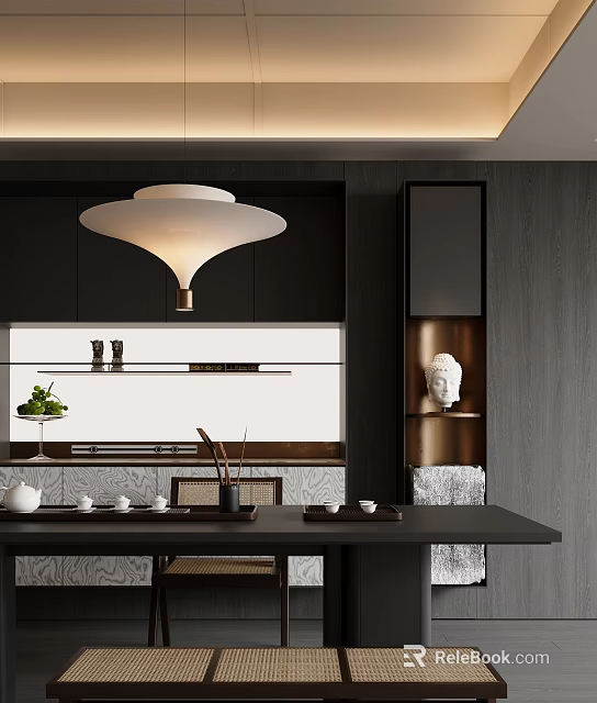 Modern Tea Room Interior With Pendant Light Dark Cabinets White Countertop Tea Sets Buddha Statue 3d model 