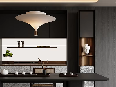 Modern Tea Room Interior With Pendant Light Dark Cabinets White Countertop Tea Sets Buddha Statue 3d model
