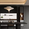 Modern Tea Room Interior With Pendant Light Dark Cabinets White Countertop Tea Sets Buddha Statue