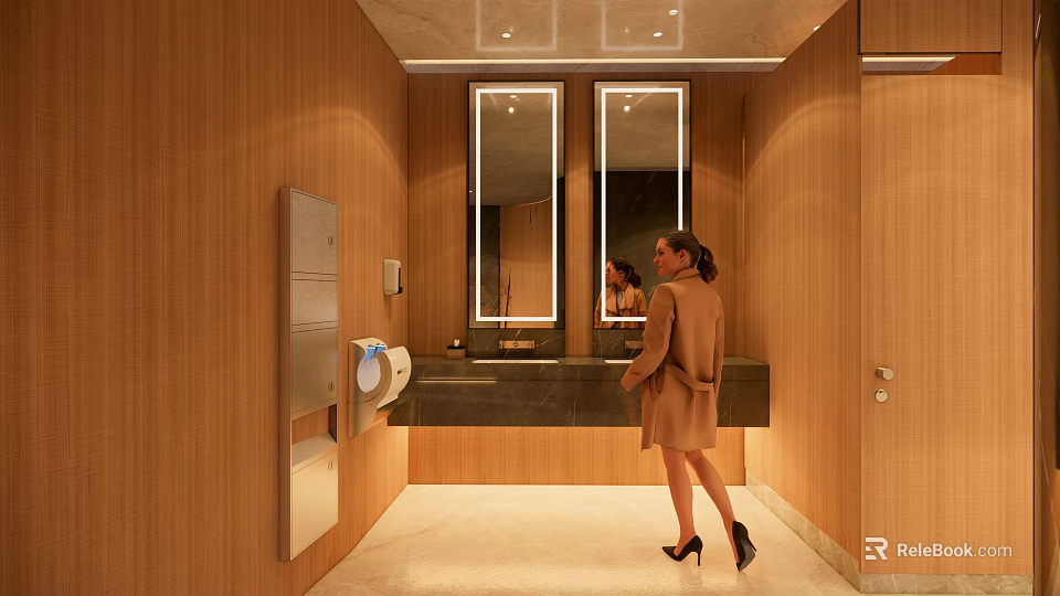Modern Public Restroom Interior With Wooden Walls Double Mirrors Washbasin And Automatic Hand Dryer 3d model 