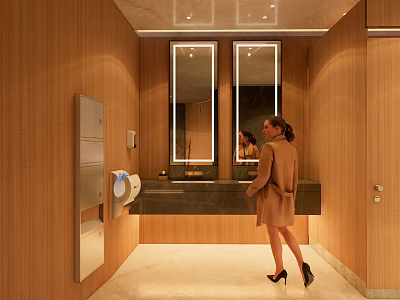 Modern Public Restroom Interior With Wooden Walls Double Mirrors Washbasin And Automatic Hand Dryer 3d model