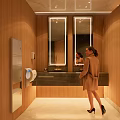 Modern Public Restroom Interior With Wooden Walls Double Mirrors Washbasin And Automatic Hand Dryer