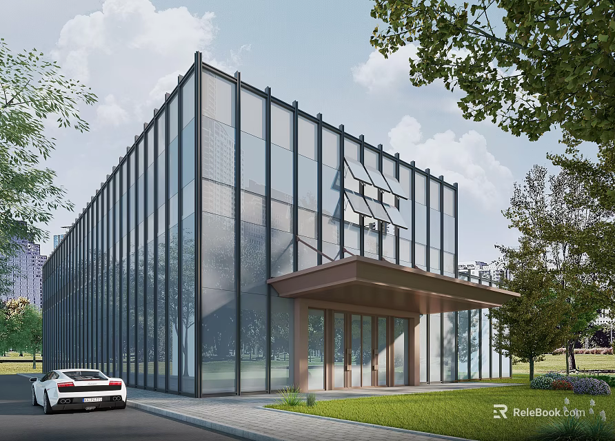 Modern Glass Building With Transparent Facade Green Trees Lawn And White Car 3d model 