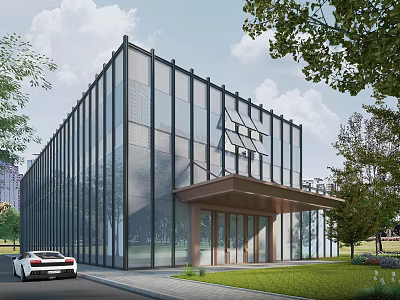 Modern Glass Building With Transparent Facade Green Trees Lawn And White Car 3d model