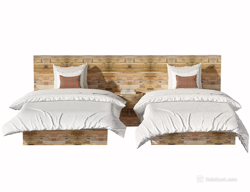 Cozy Single Bed With Wooden Headboard White Bed Sheets And Brown Pillows 3d model 