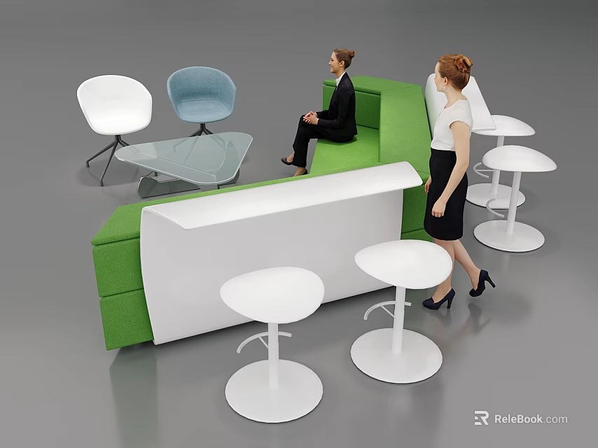 Modern Green Sofa and Light Gray Coffee Table Set with White Stools and Chairs 3d model