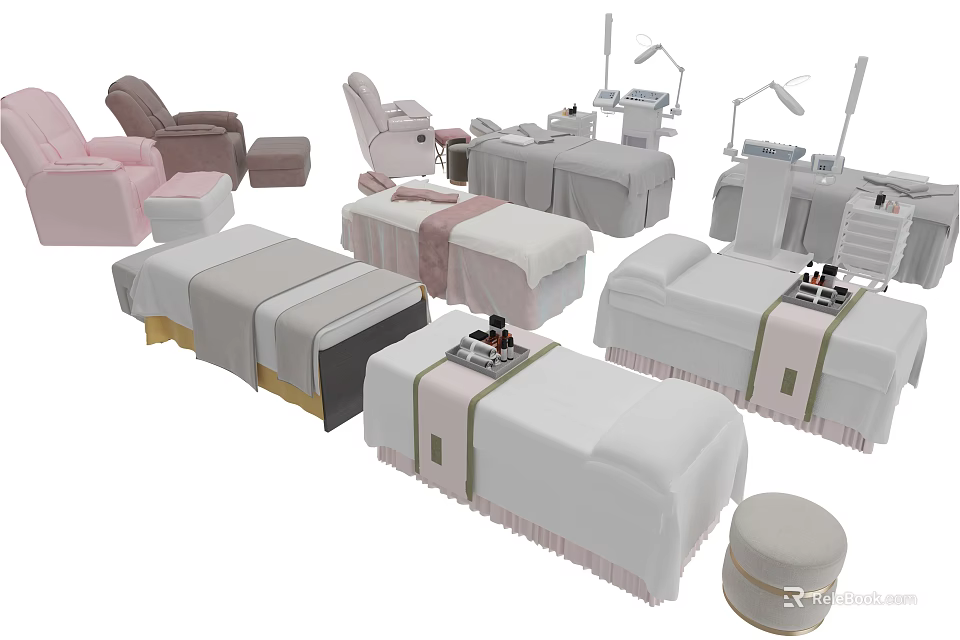 Professional Massage Tables in Modern Spa Salon with Soft Bedding and Accompanying Stools Lamps 3d model 