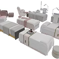 Professional Massage Tables in Modern Spa Salon with Soft Bedding and Accompanying Stools Lamps