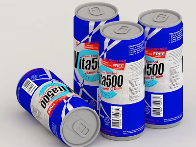 Vita500 Energy Drink Cans Displayed with Blue Packaging and Free 500 Label 3d model