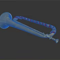 Shiny Golden Trumpet Musical Instrument With Painted Red Blue Striped Decorations And Reflection