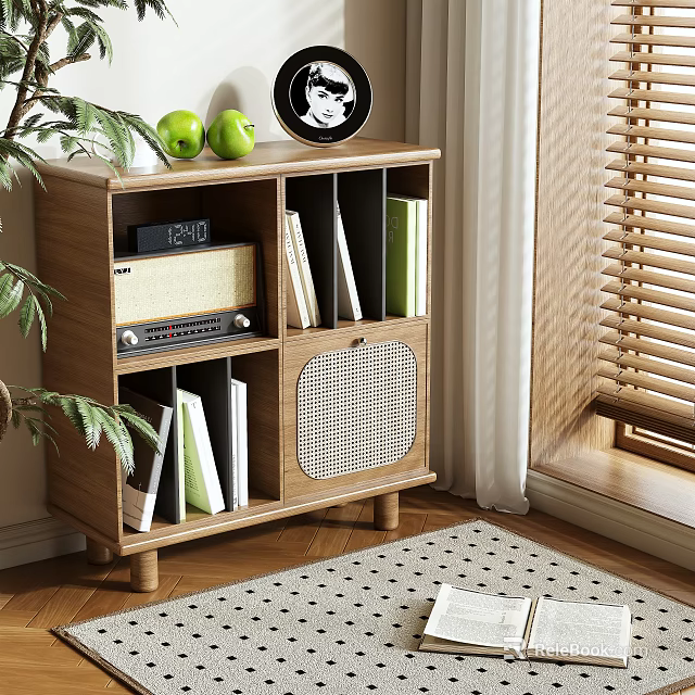 Wooden Storage Cabinet Shelf with Vintage Radio Green Apples Books and Grid Door Interior 3d model 