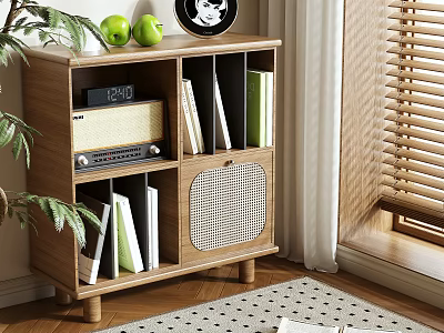 Wooden Storage Cabinet Shelf with Vintage Radio Green Apples Books and Grid Door Interior 3d model