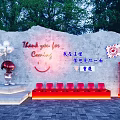 Commercial Event Equipment With Red Bench Mailbox Cartoon Statue Balloons And Stone Wall