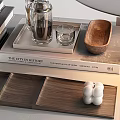 Decorative Ornament Set With Stacked Books Glass Bottles Ceramic Bowls Wooden Tray And Round Stand