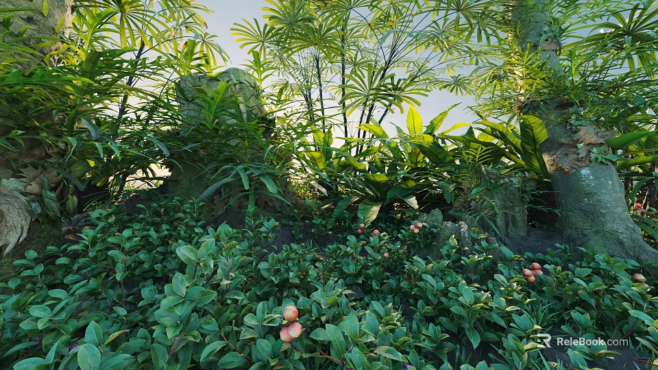 Lush Evergreen Shrubs With Green Leaves Red Fruits And Tropical Plants In Natural Garden 3d model 