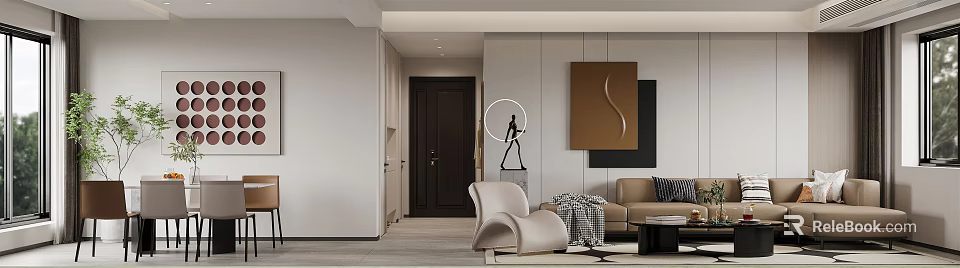 Modern Living Dining Room With Abstract Sculpture Circular Floor Lamp Beige Armchair And Geometric Art 3d model 