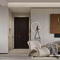 Modern Living Dining Room With Abstract Sculpture Circular Floor Lamp Beige Armchair And Geometric Art