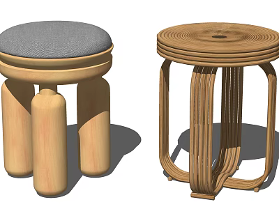Wooden Stools With Round Upholstered Seat And Woven Structure Design For Home Decor 3d model