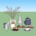 Stylish Ceramic Tea Set with Purple Teapot White Pitcher Pastries and Decorative Pampas Grass Vase