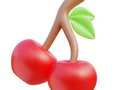 Fresh Red Cherries With Green Leaves And Brown Stem On White Background 3d model