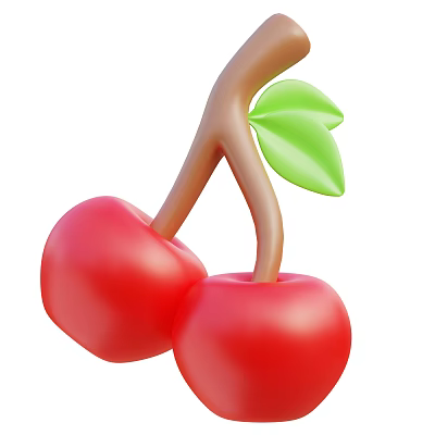 Fresh Red Cherries With Green Leaves And Brown Stem On White Background 3d model