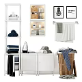 Bathroom Combination With White Shelving Unit Folded Towels Hanging Towels Cabinet and Basket
