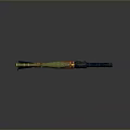 Rocket Launcher With Orange Wooden Grip And Green Rocket Projectile On Dark Reflective Surface