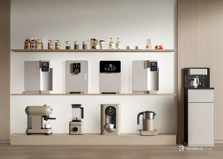 Modern Kitchen Interior Design With Various Daily Electrical Appliances On Shelves And Counter 3d model 