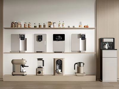 Modern Kitchen Interior Design With Various Daily Electrical Appliances On Shelves And Counter 3d model