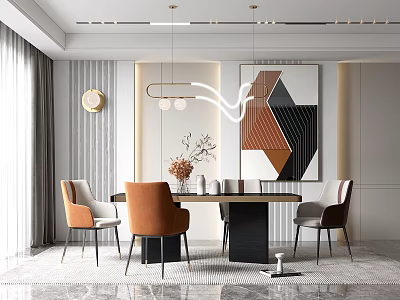 Modern Dining Table Set With Orange And Gray Chairs And Abstract Wall Art 3d model